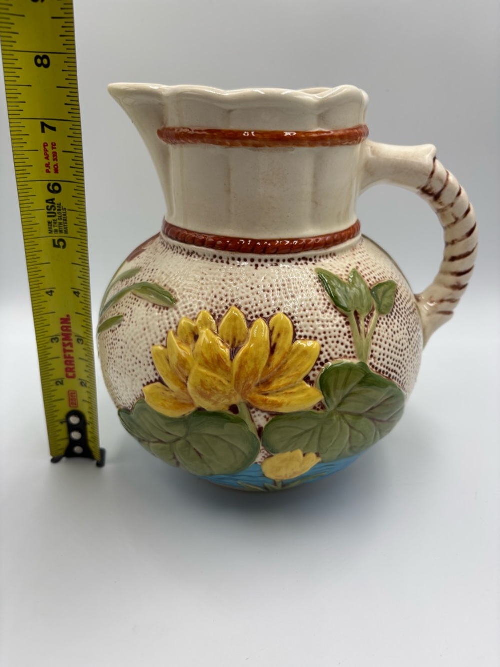 Samuel Lear Pond Lily & Rope Pattern Majolica Pitcher Rope Handle Reproduction - Picture 4 of 7